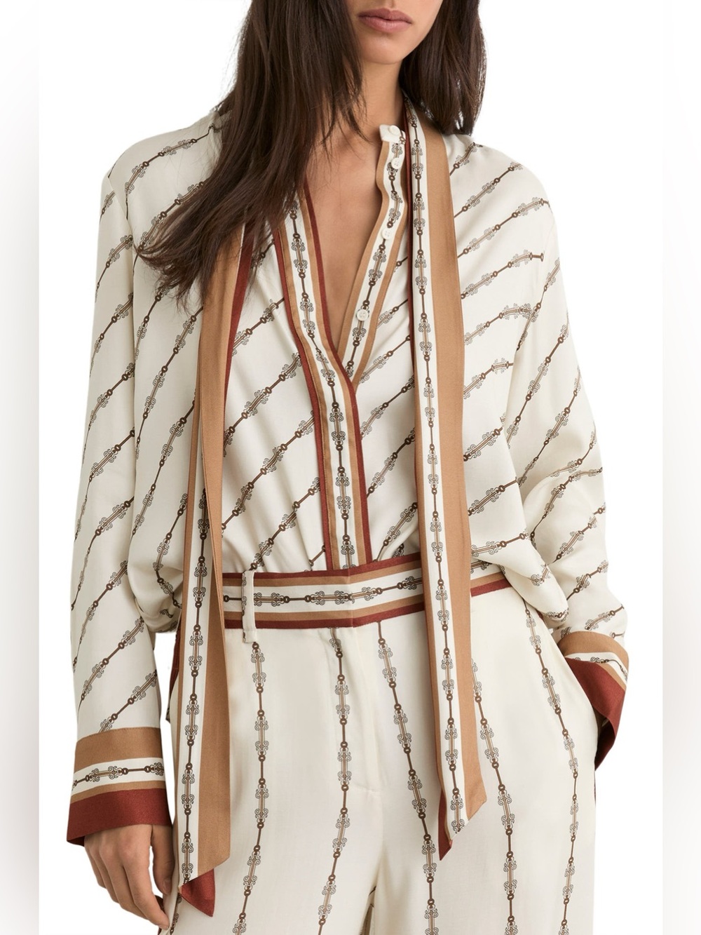 Reiss Lydia Chain Print Tie Neck Shirt Size 6 Ivory Scarf Print NWT